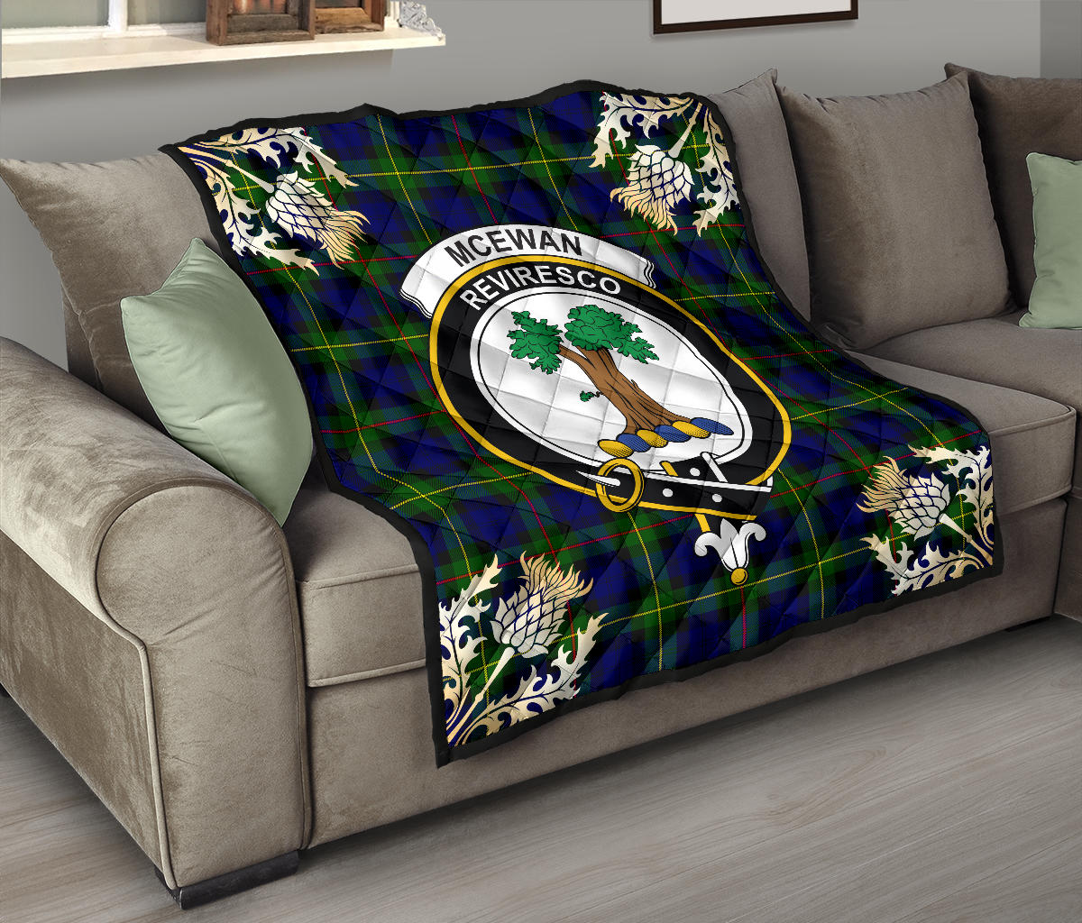 McEwan Tartan Crest Premium Quilt - Gold Thistle Style SP