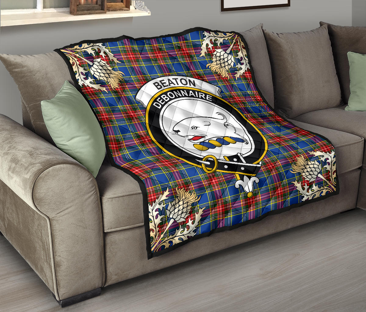 Beaton Tartan Crest Premium Quilt - Gold Thistle Style SP