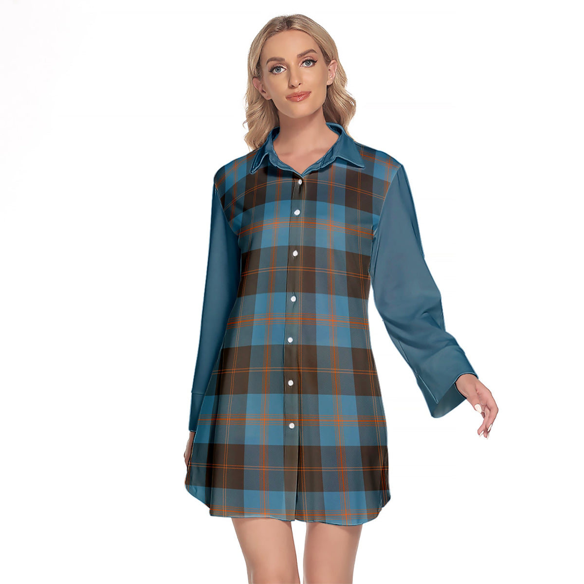 Garden Tartan Women's Lapel Shirt Dress With Long Sleeve