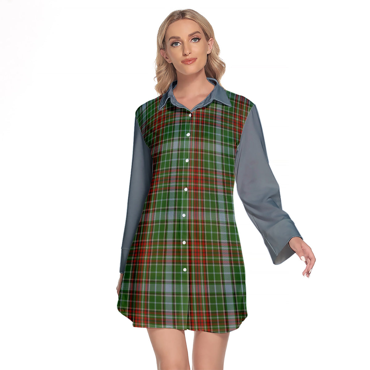 Gayre Tartan Women's Lapel Shirt Dress With Long Sleeve