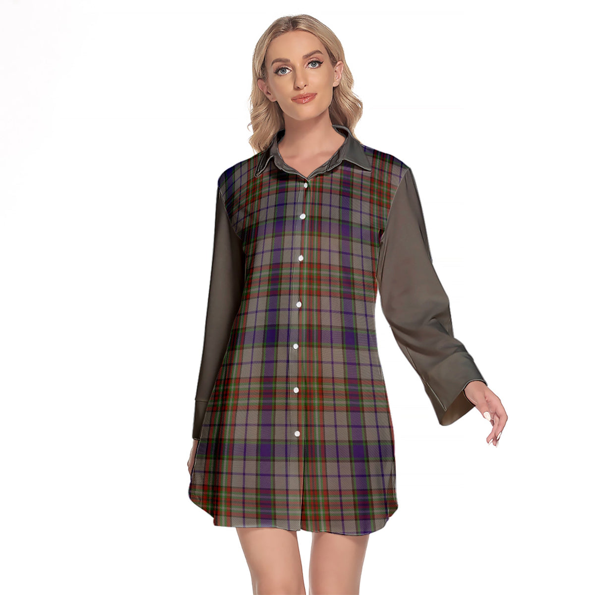 Gayre Hunting Tartan Women's Lapel Shirt Dress With Long Sleeve