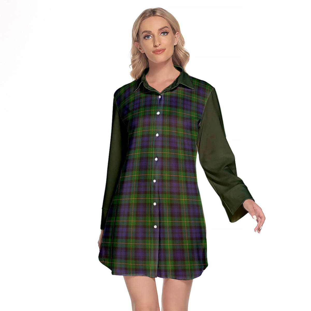 Gordon Tartan Women's Lapel Shirt Dress With Long Sleeve