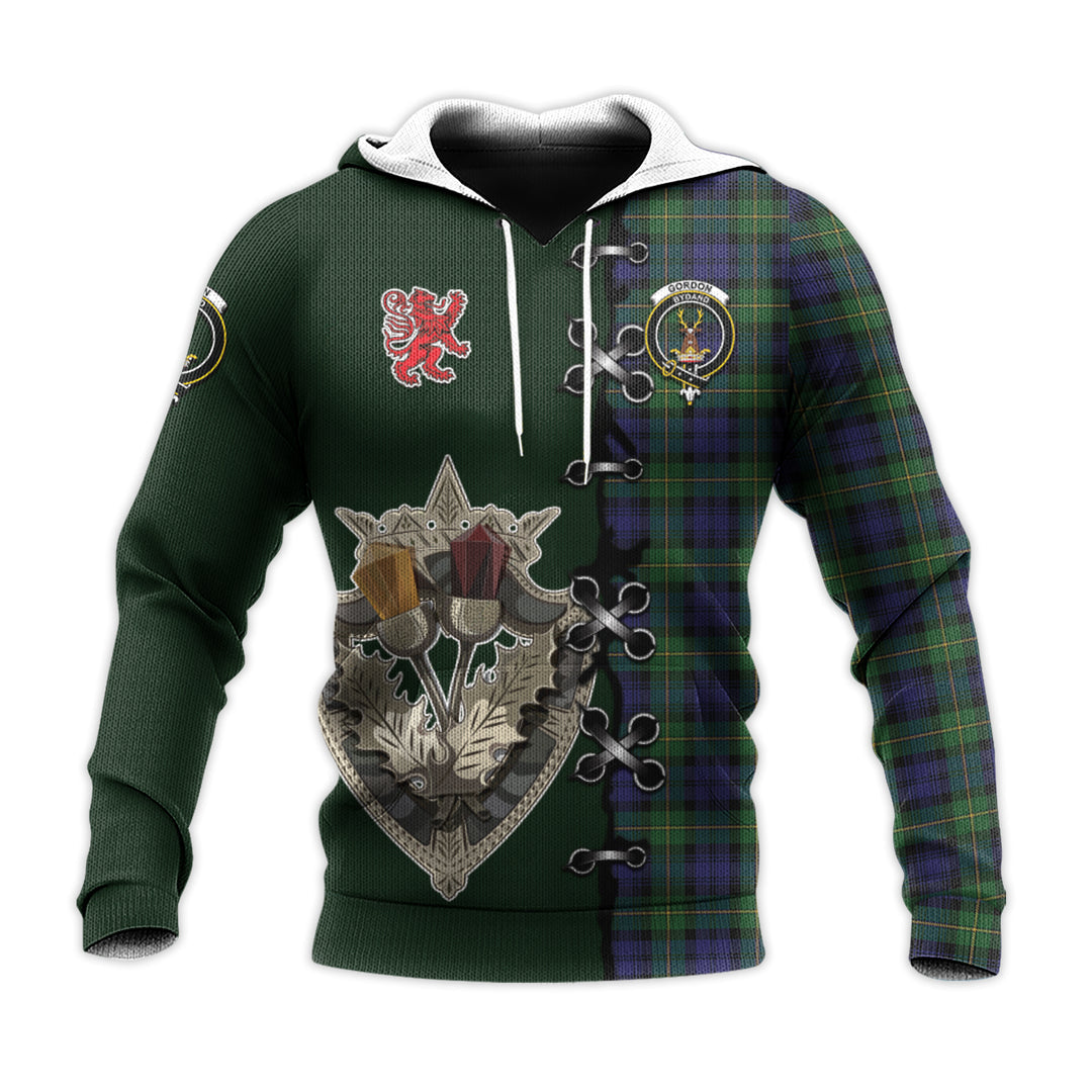 Gordon Tartan Hoodie - Lion Rampant And Celtic Thistle Style