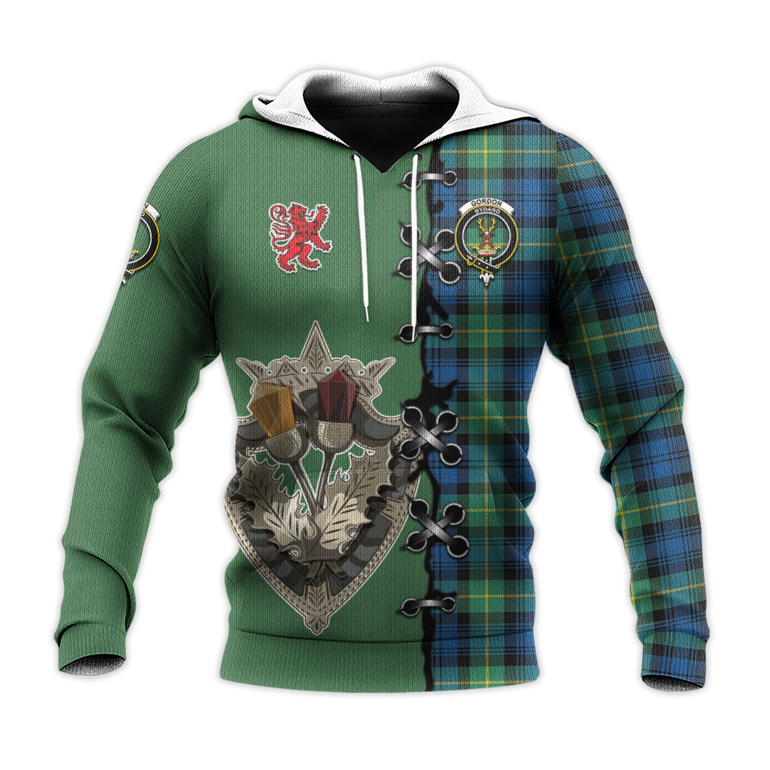 Gordon Ancient Tartan Hoodie - Lion Rampant And Celtic Thistle Style