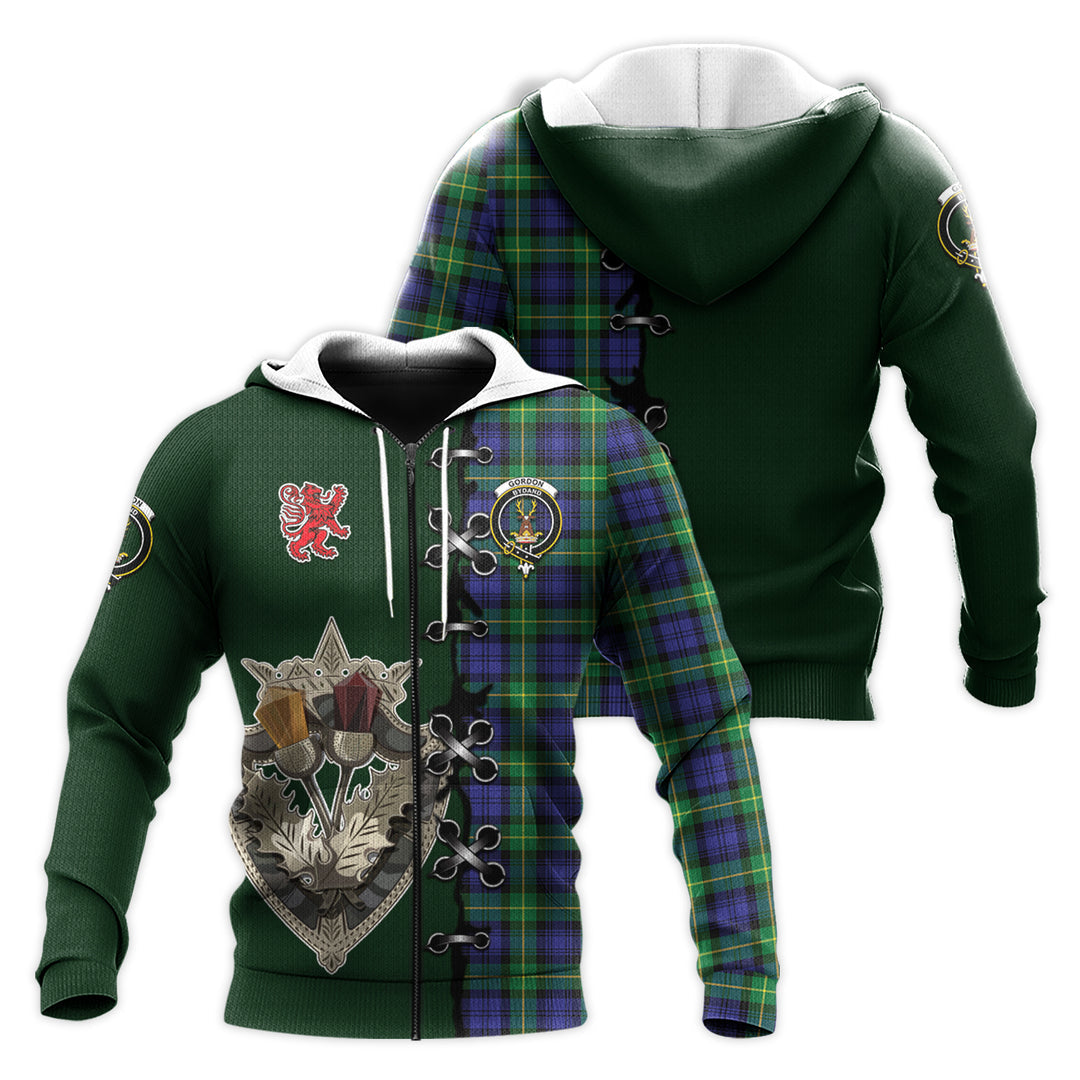 Gordon Modern Tartan Hoodie - Lion Rampant And Celtic Thistle Style