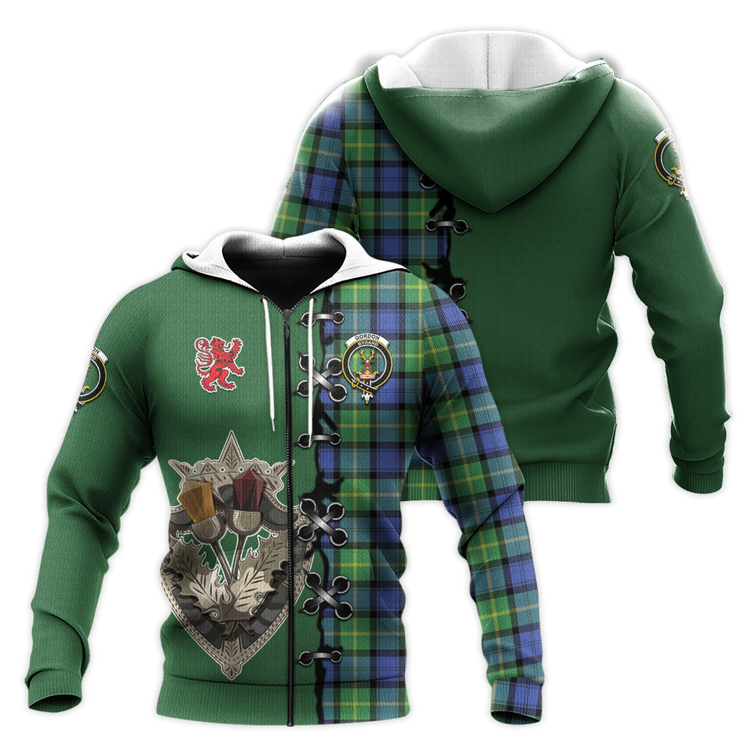 Gordon Old Ancient Tartan Hoodie - Lion Rampant And Celtic Thistle Style