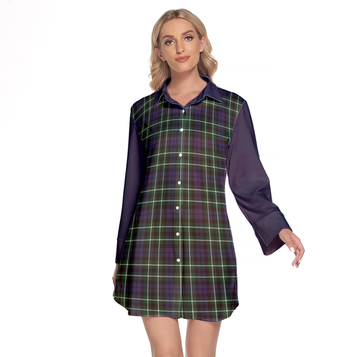 Graham Of Montrose Modern Tartan Women's Lapel Shirt Dress With Long Sleeve