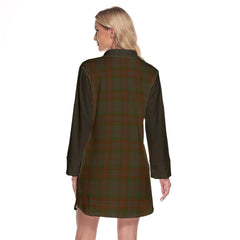 Gray Tartan Women's Lapel Shirt Dress With Long Sleeve