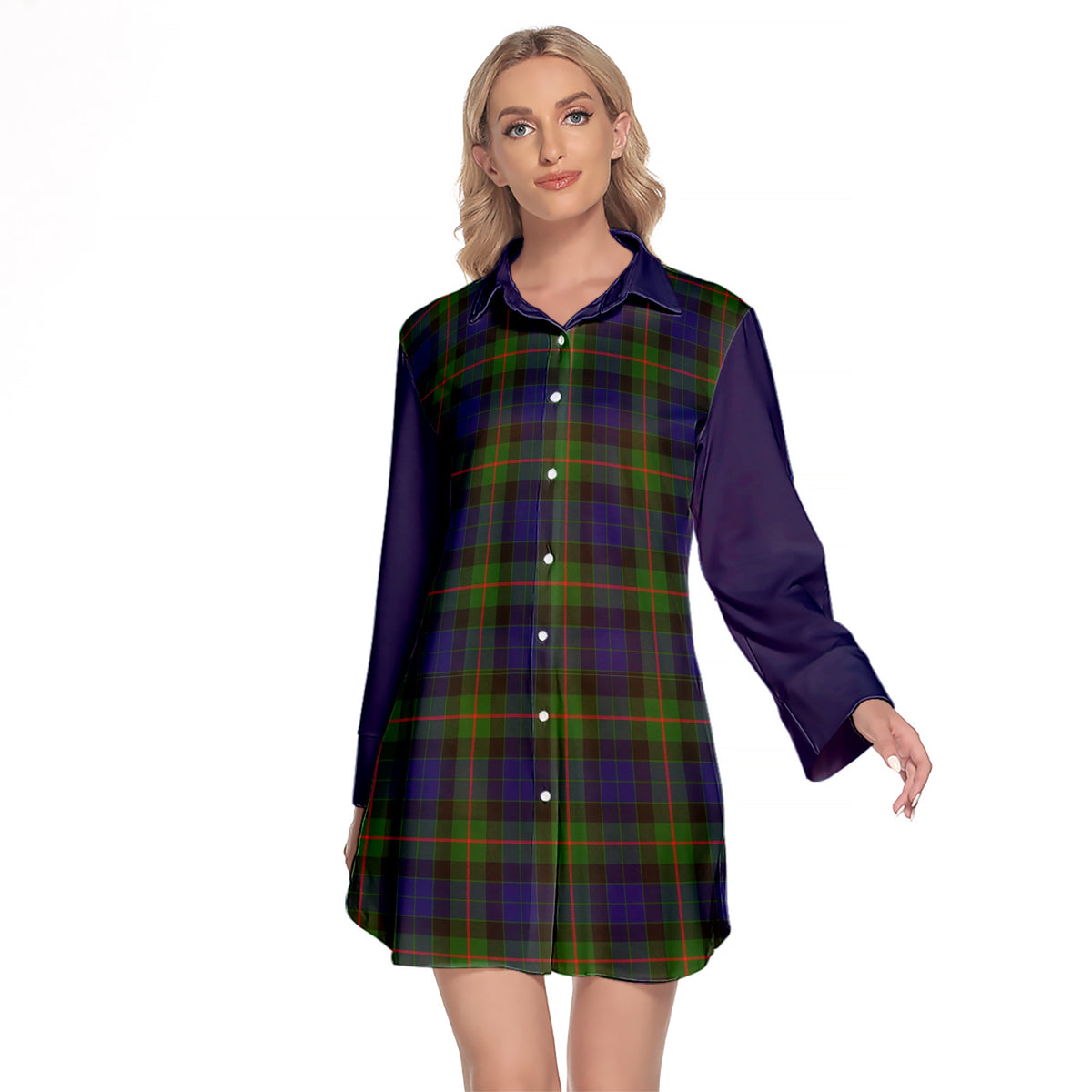 Gunn Modern Tartan Women's Lapel Shirt Dress With Long Sleeve