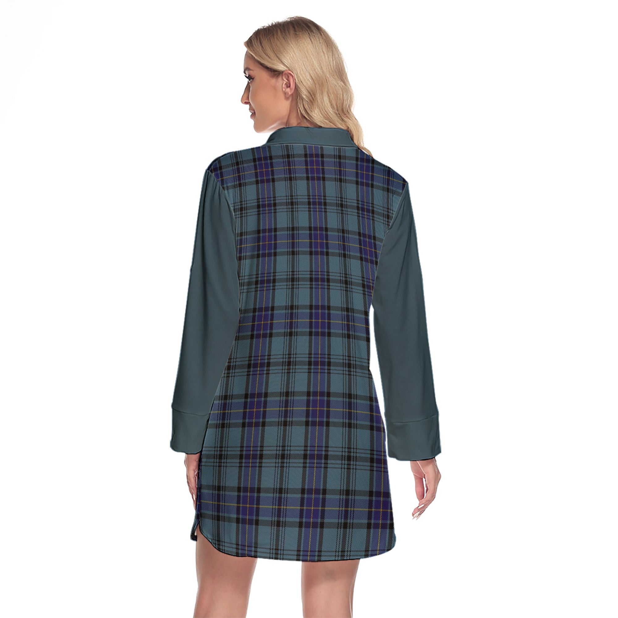 Hannay Blue Tartan Women's Lapel Shirt Dress With Long Sleeve