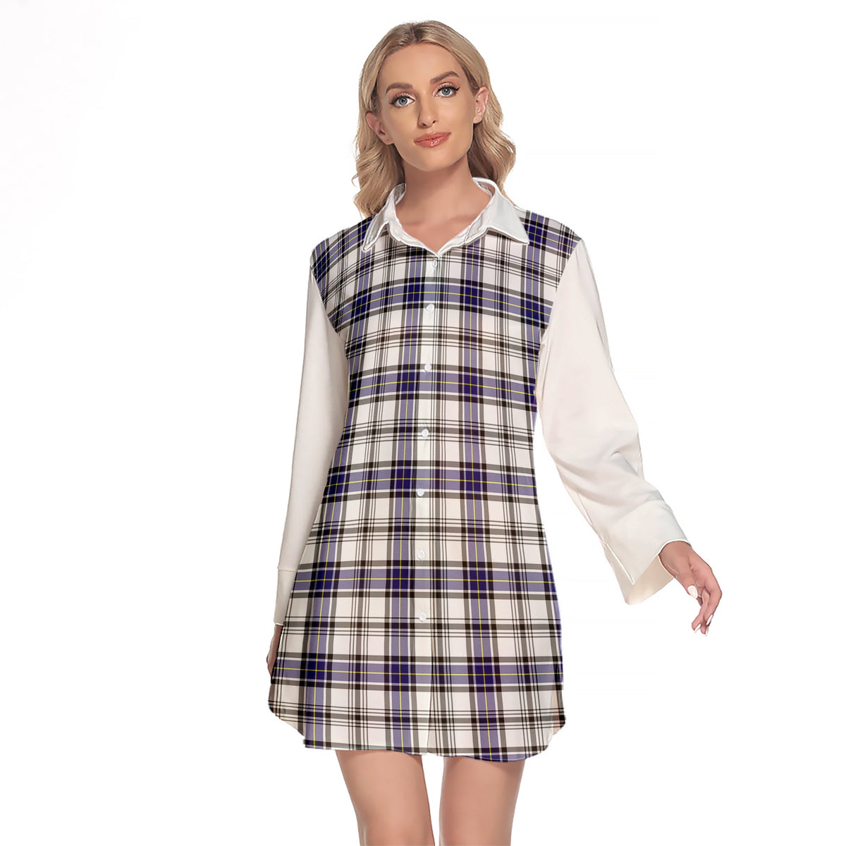 Hannay Modern Tartan Women's Lapel Shirt Dress With Long Sleeve