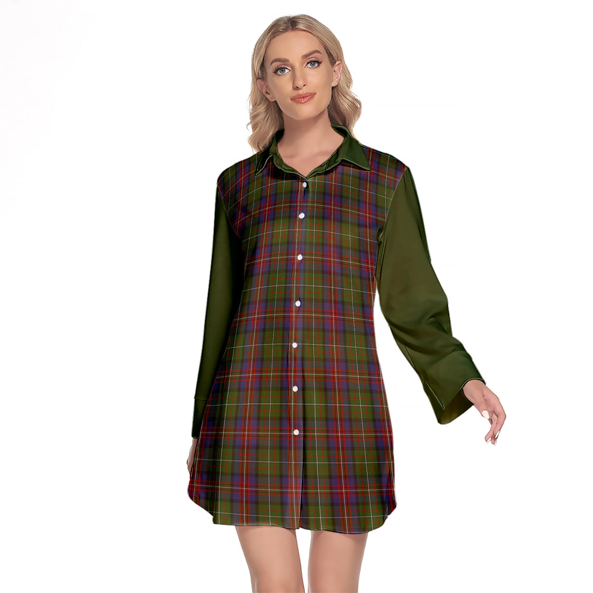 Hargis Tartan Women's Lapel Shirt Dress With Long Sleeve