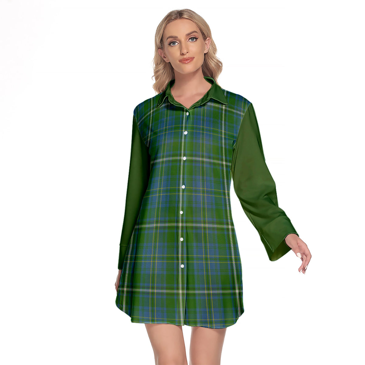 Hay Hunting Tartan Women's Lapel Shirt Dress With Long Sleeve