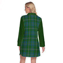 Hay Hunting Tartan Women's Lapel Shirt Dress With Long Sleeve