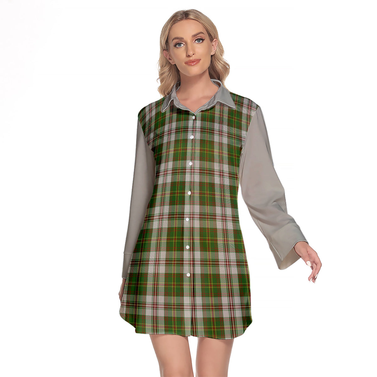 Hay White Dress Tartan Women's Lapel Shirt Dress With Long Sleeve