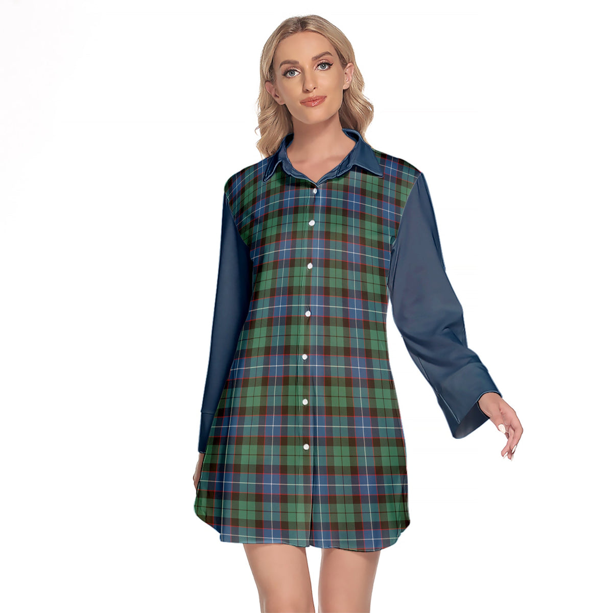 Hunter Ancient Tartan Women's Lapel Shirt Dress With Long Sleeve