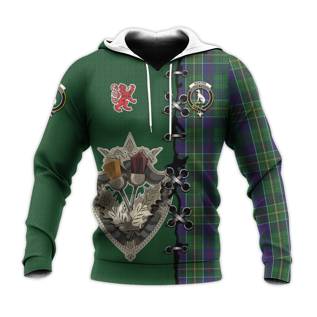 Hunter of Hunterston Tartan Hoodie - Lion Rampant And Celtic Thistle Style