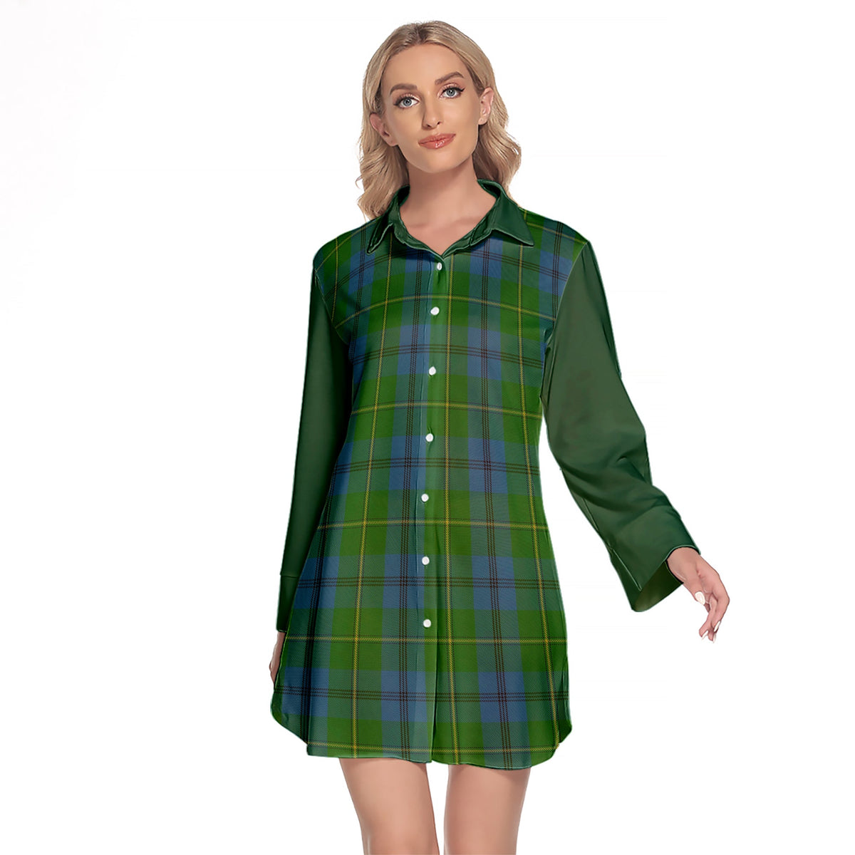 Johnstone Tartan Women's Lapel Shirt Dress With Long Sleeve