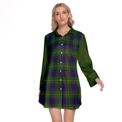 Johnstone Modern Tartan Women's Lapel Shirt Dress With Long Sleeve