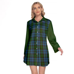 Kerr Hunting Tartan Women's Lapel Shirt Dress With Long Sleeve