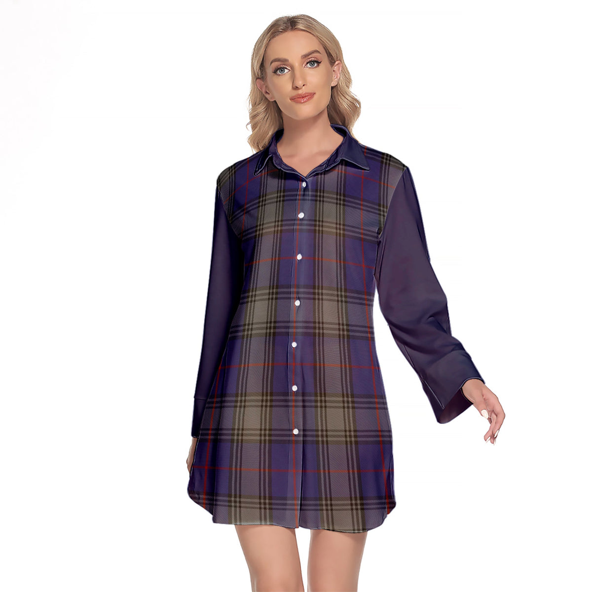 Kinnaird Tartan Women's Lapel Shirt Dress With Long Sleeve