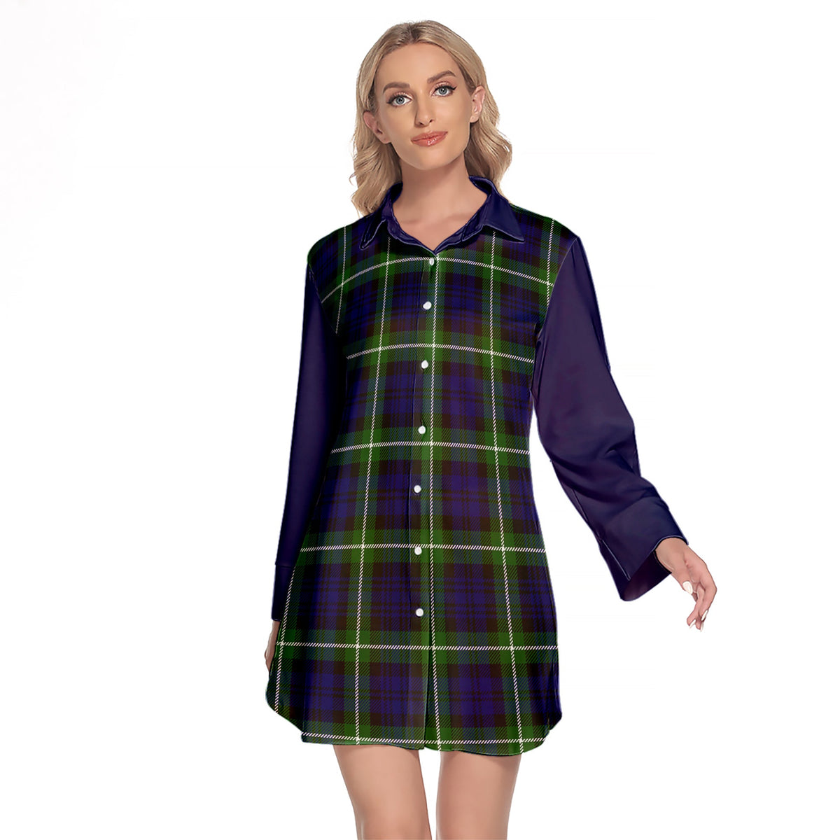 Lammie Tartan Women's Lapel Shirt Dress With Long Sleeve