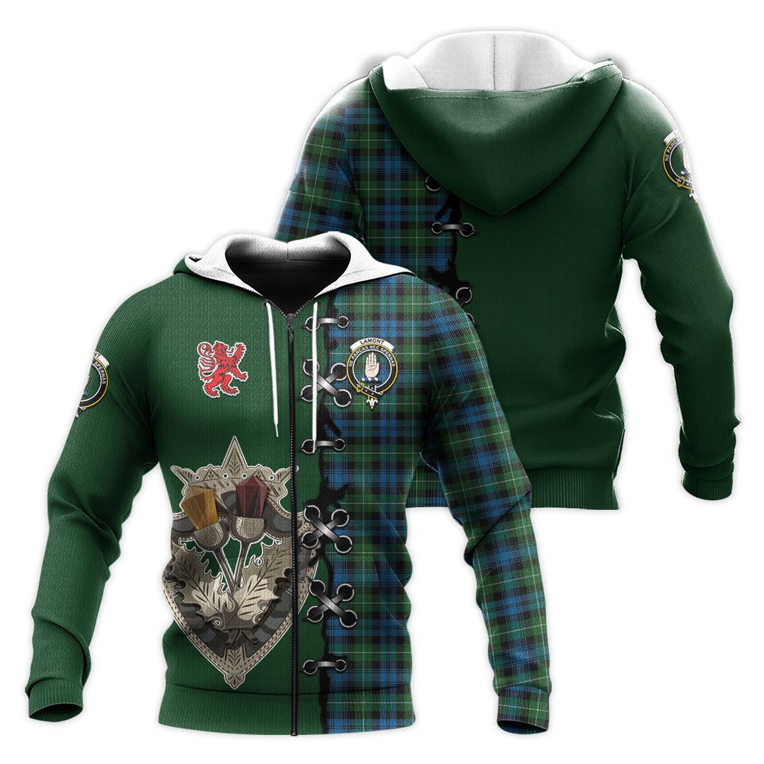 Lamont Tartan Hoodie - Lion Rampant And Celtic Thistle Style