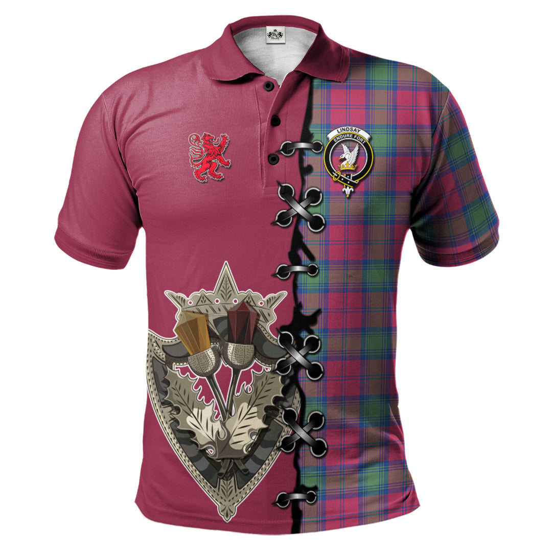 Lindsay Ancient Tartan Polo Shirt - Lion Rampant And Celtic Thistle Style