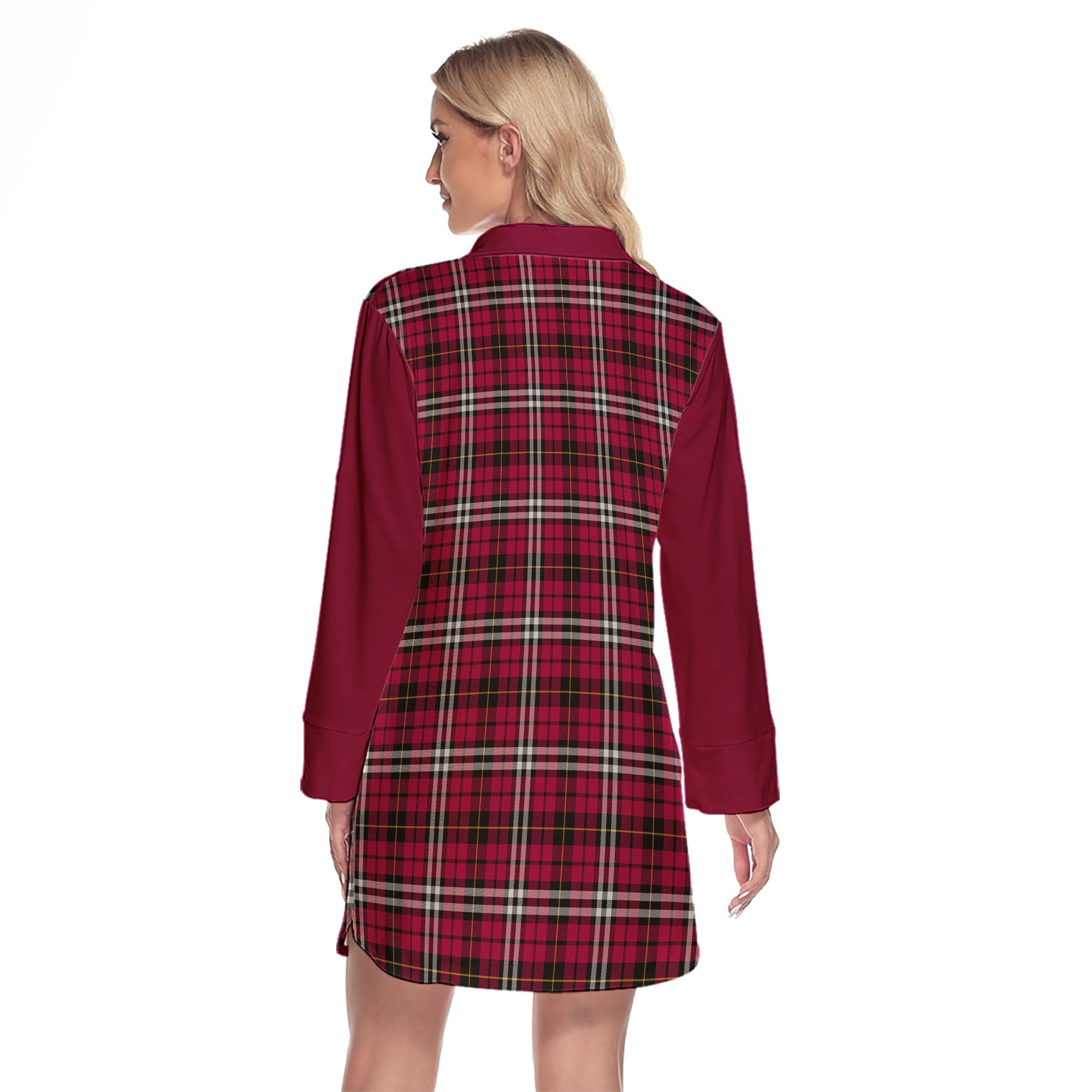 Little Tartan Women's Lapel Shirt Dress With Long Sleeve