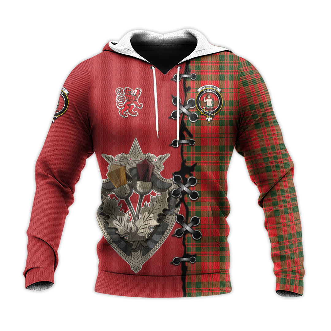 Livingston Modern Tartan Hoodie - Lion Rampant And Celtic Thistle Style