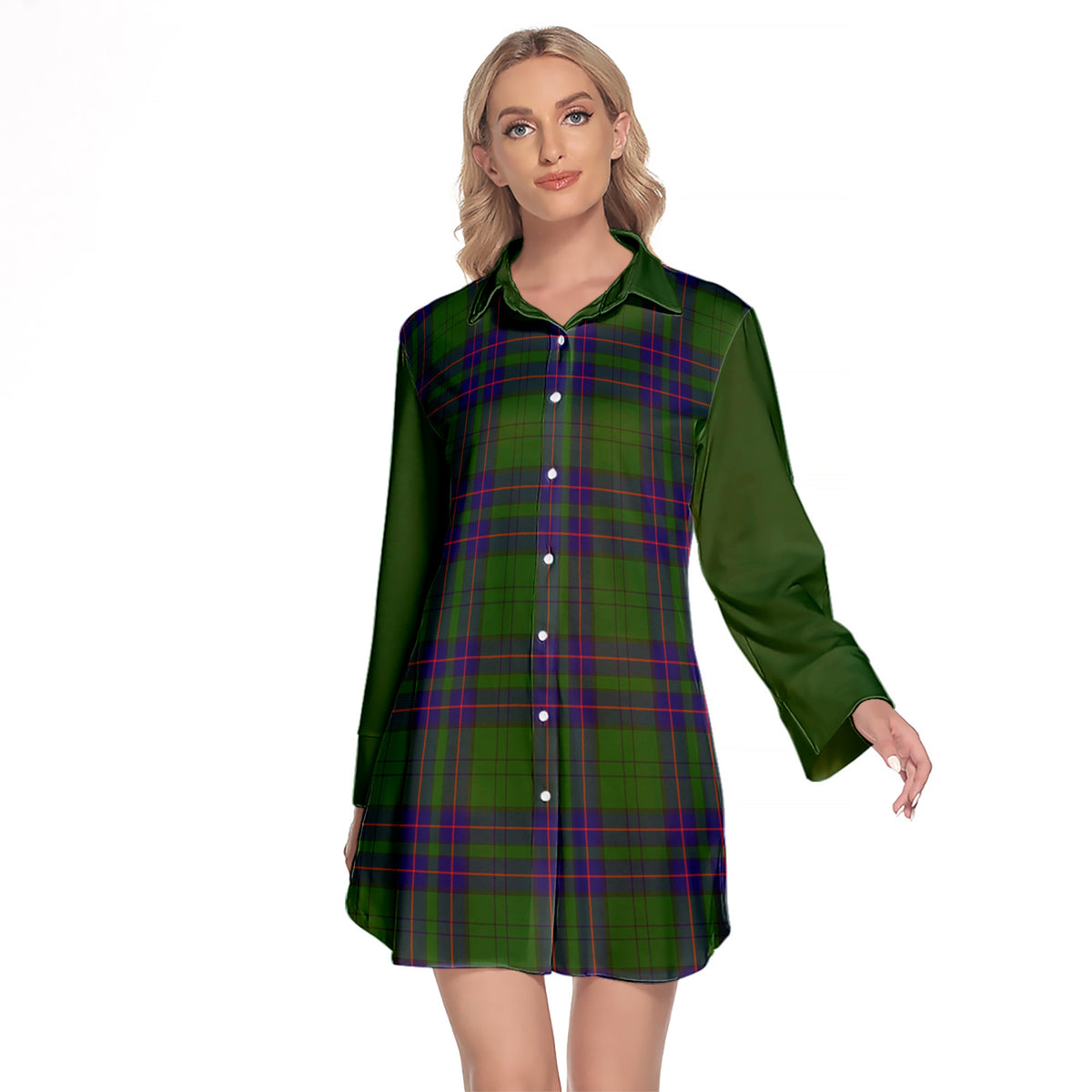 Lockhart Modern Tartan Women's Lapel Shirt Dress With Long Sleeve