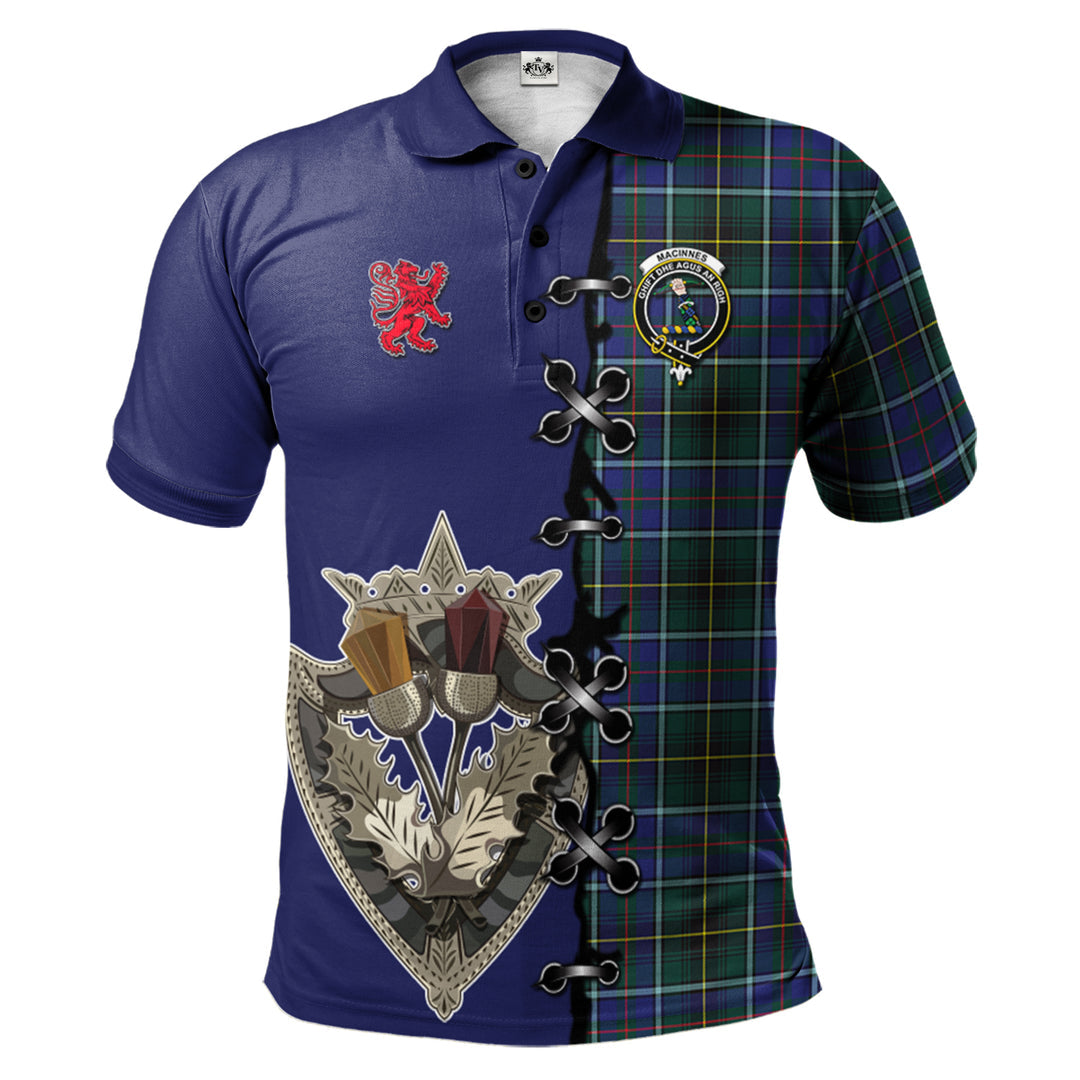 MacInnes Modern Tartan Polo Shirt - Lion Rampant And Celtic Thistle Style