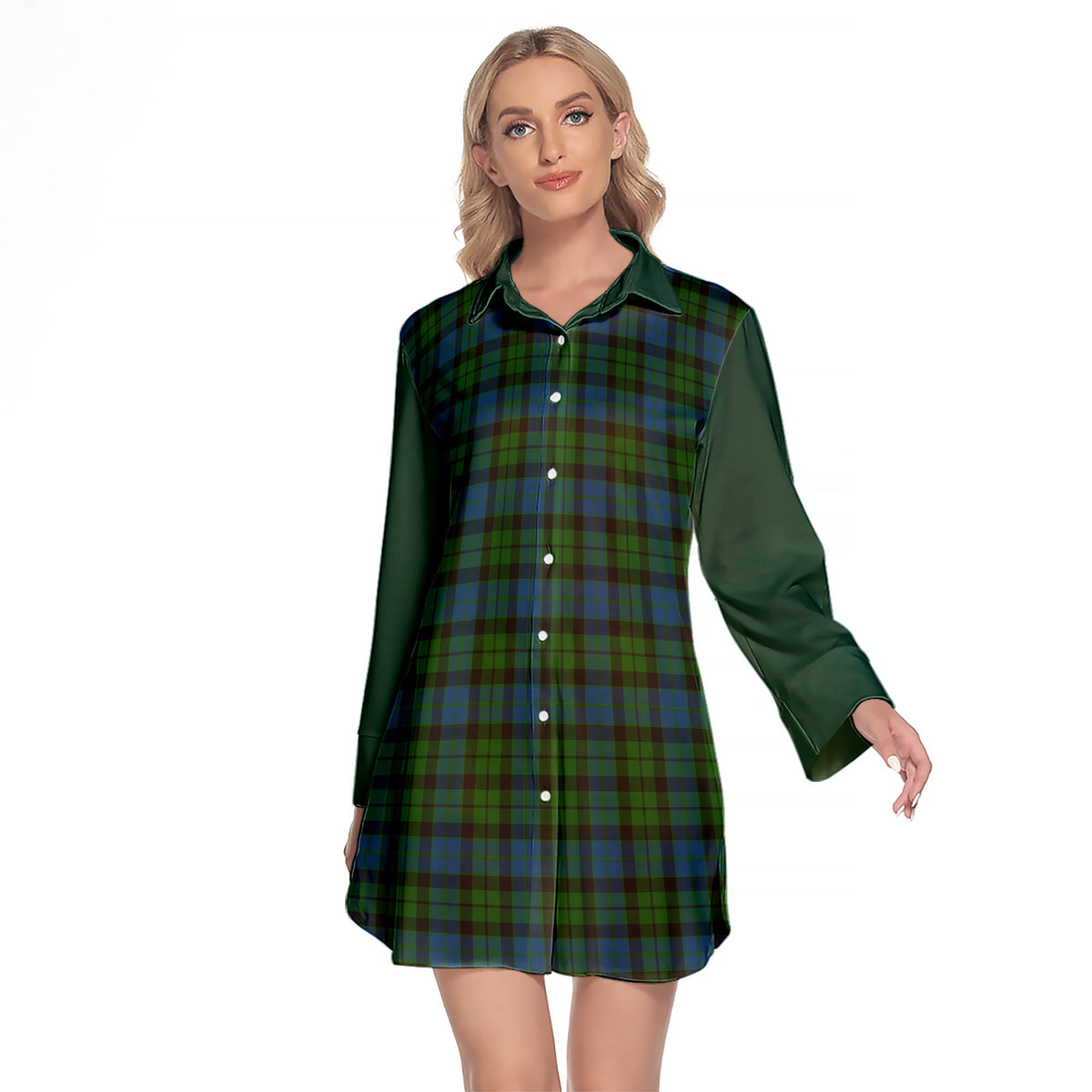 MacKay Modern Tartan Women's Lapel Shirt Dress With Long Sleeve