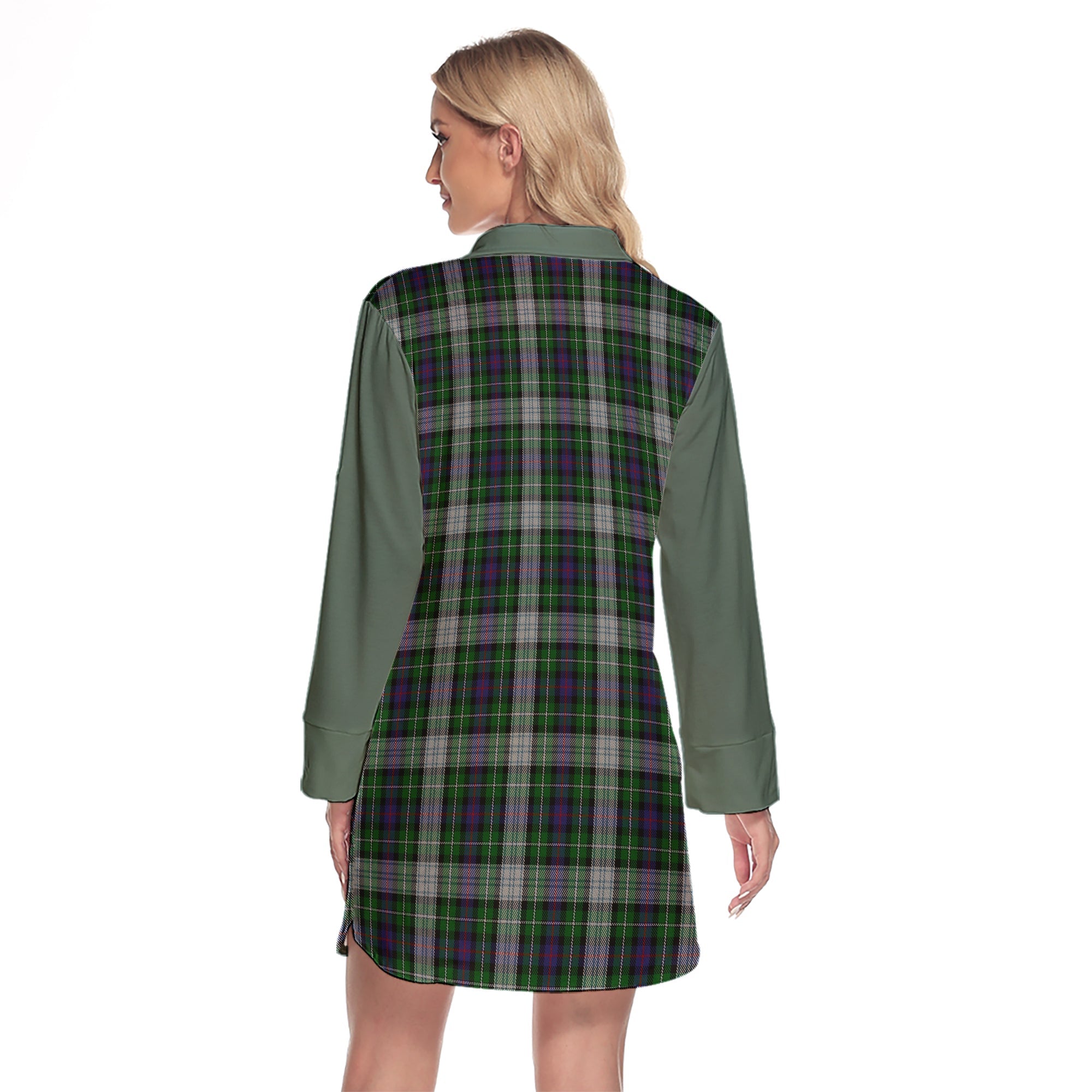 MacKenzie Dress Tartan Women's Lapel Shirt Dress With Long Sleeve