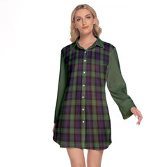 MacKenzie Hunting Green Tartan Women's Lapel Shirt Dress With Long Sleeve