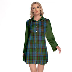 MacLeod Green Tartan Women's Lapel Shirt Dress With Long Sleeve