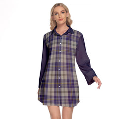 MacPherson Dress Blue Tartan Women's Lapel Shirt Dress With Long Sleeve