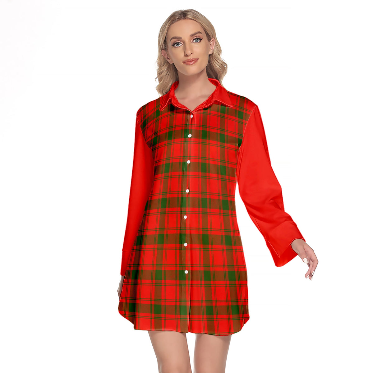 MacQuarrie Modern Tartan Women's Lapel Shirt Dress With Long Sleeve