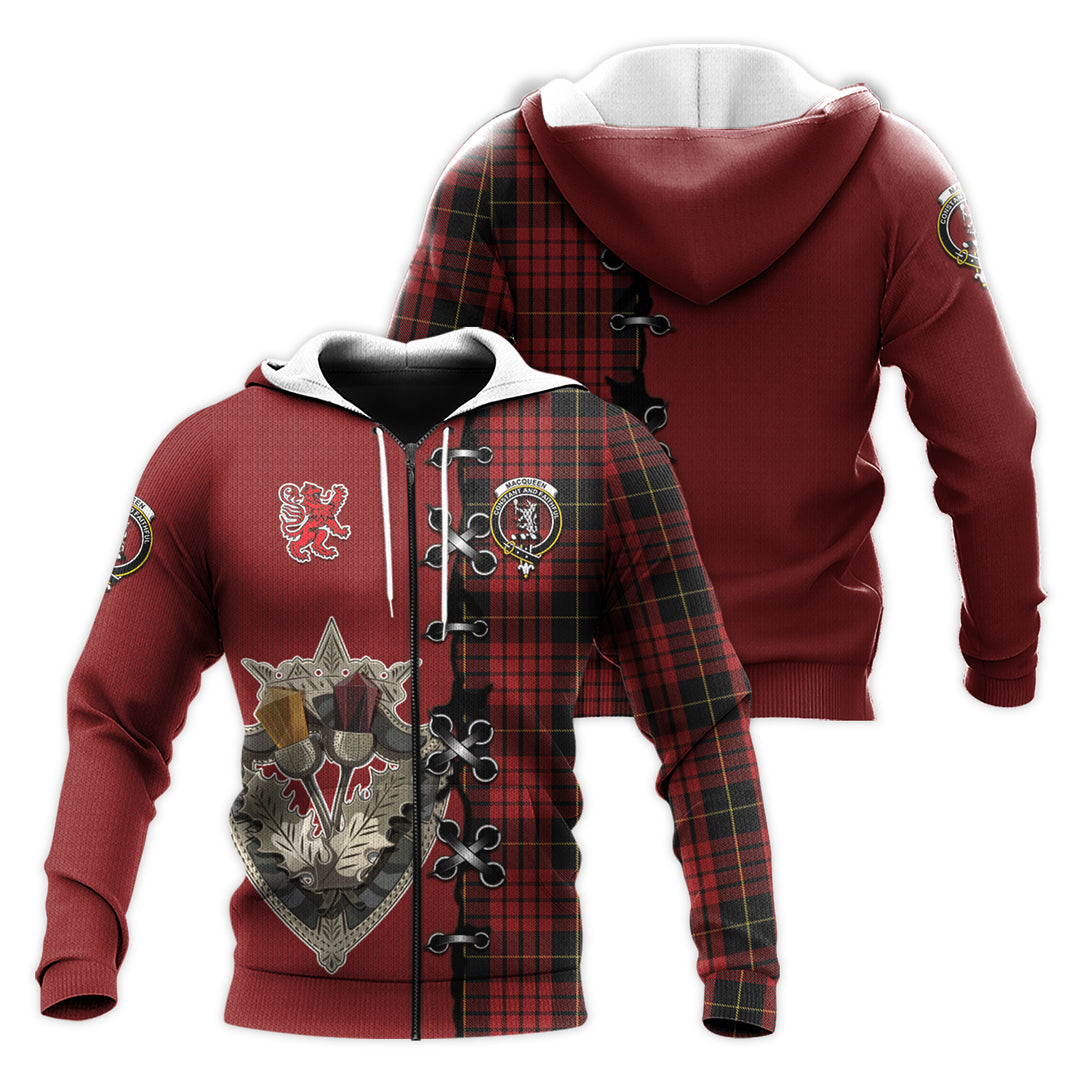 MacQueen Tartan Hoodie - Lion Rampant And Celtic Thistle Style
