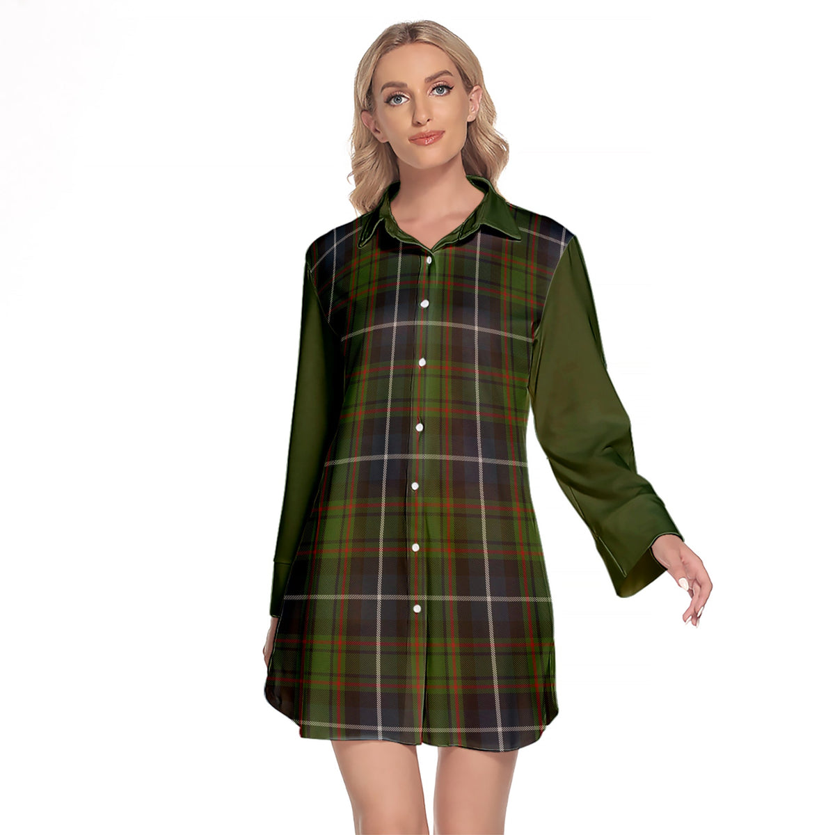 MacRae Hunting Tartan Women's Lapel Shirt Dress With Long Sleeve