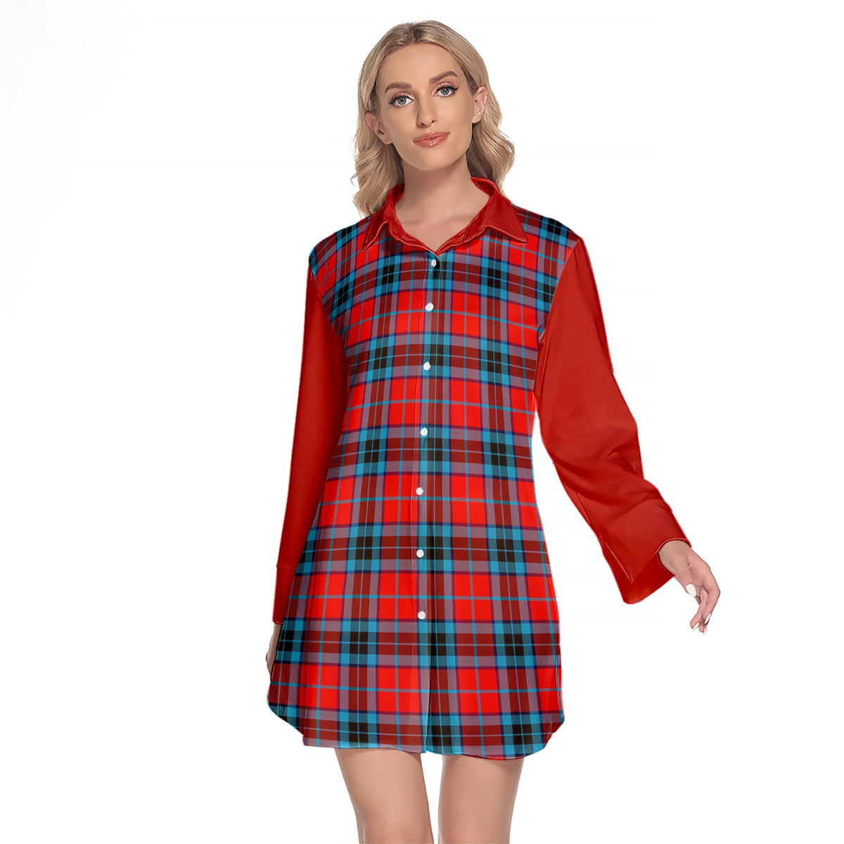 MacTavish Modern Tartan Women's Lapel Shirt Dress With Long Sleeve