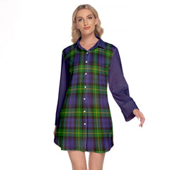 Meldrum Tartan Women's Lapel Shirt Dress With Long Sleeve