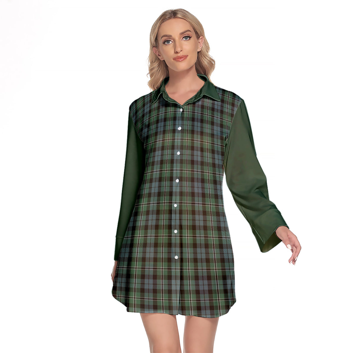 Melville Tartan Women's Lapel Shirt Dress With Long Sleeve