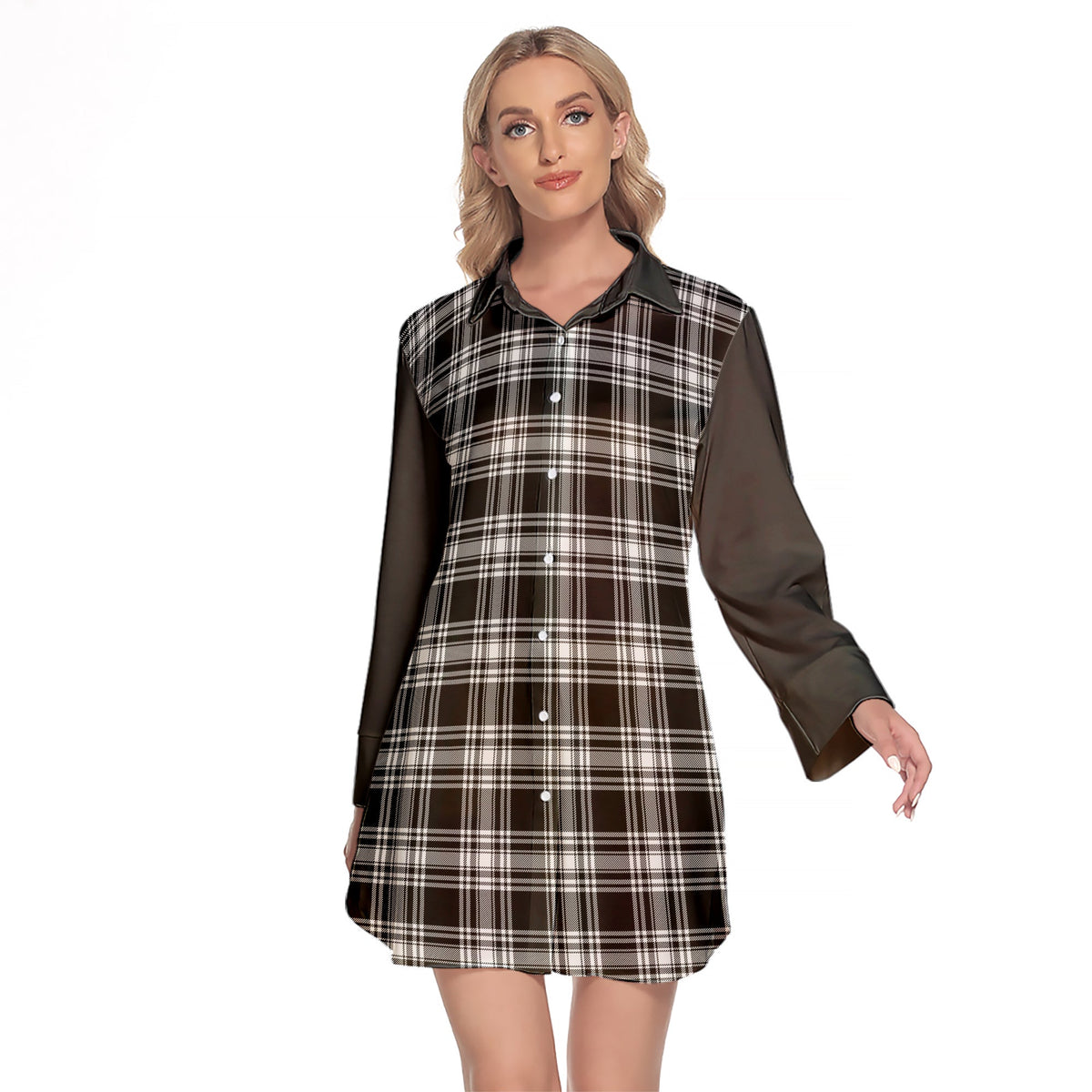 Menzies Black And White Tartan Women's Lapel Shirt Dress With Long Sleeve