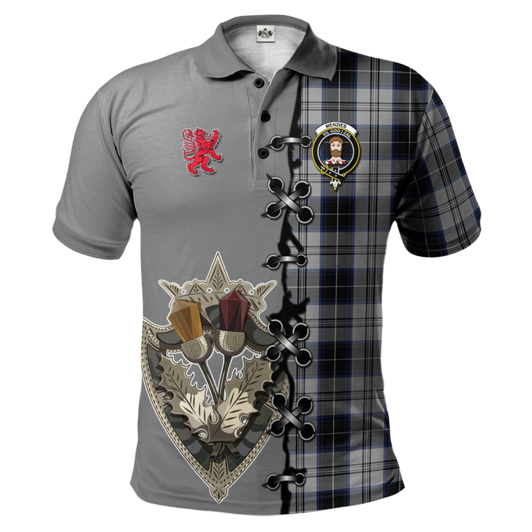 Menzies Black Dress Tartan Polo Shirt - Lion Rampant And Celtic Thistle Style