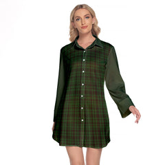 Menzies Green Tartan Women's Lapel Shirt Dress With Long Sleeve