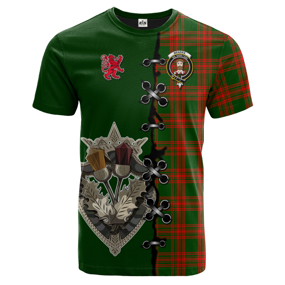 Menzies Green Modern Tartan T-shirt - Lion Rampant And Celtic Thistle Style