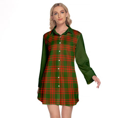 Menzies Green Modern Tartan Women's Lapel Shirt Dress With Long Sleeve