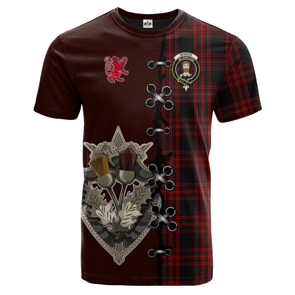 Menzies Hunting Tartan T-shirt - Lion Rampant And Celtic Thistle Style