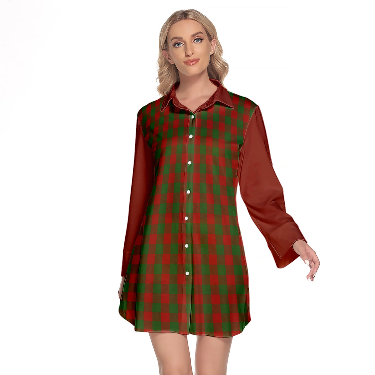 Moncrieff Tartan Women's Lapel Shirt Dress With Long Sleeve